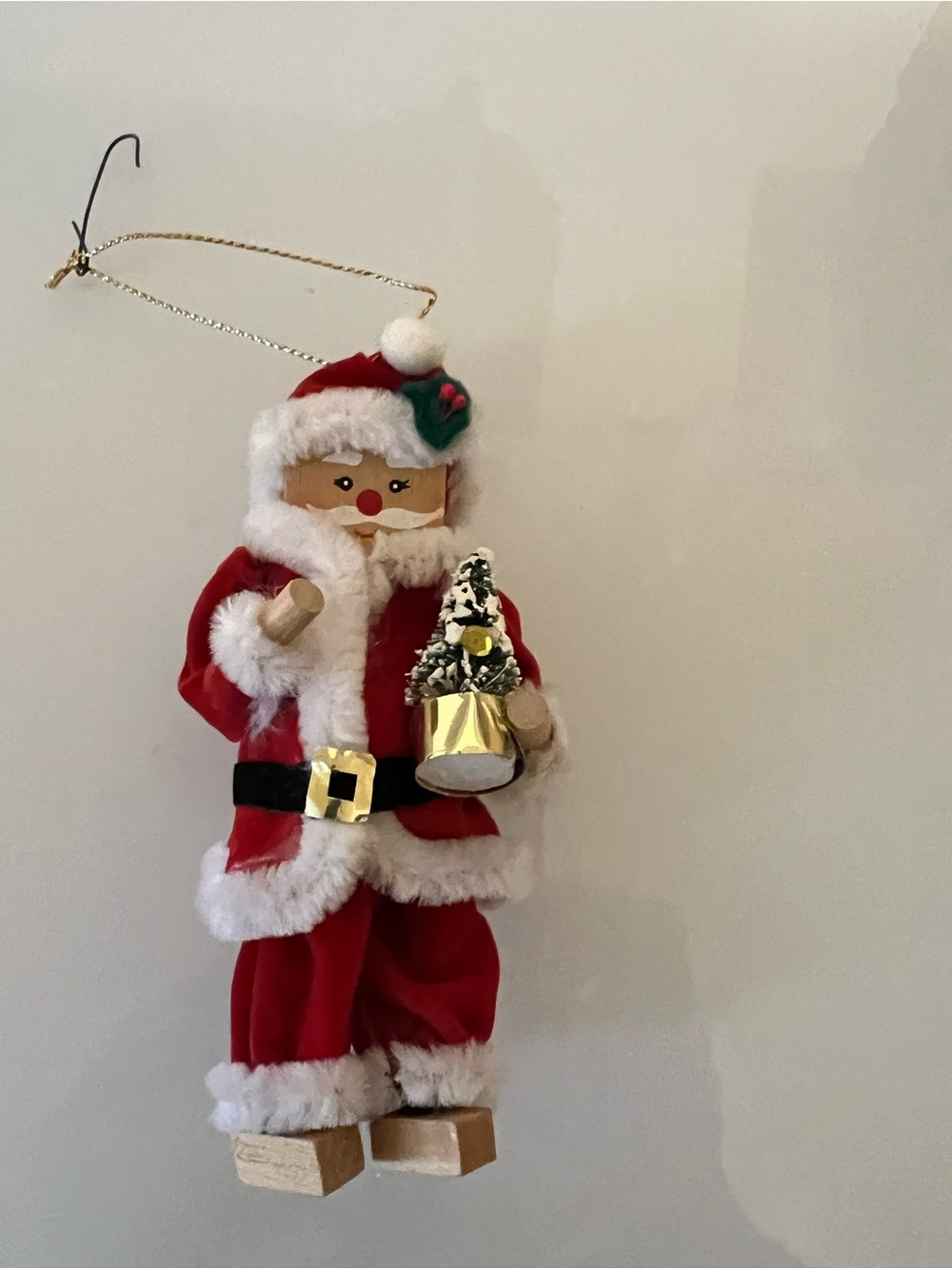 Handcrafted Block Santa Ornament in Red and White with Mini Tree